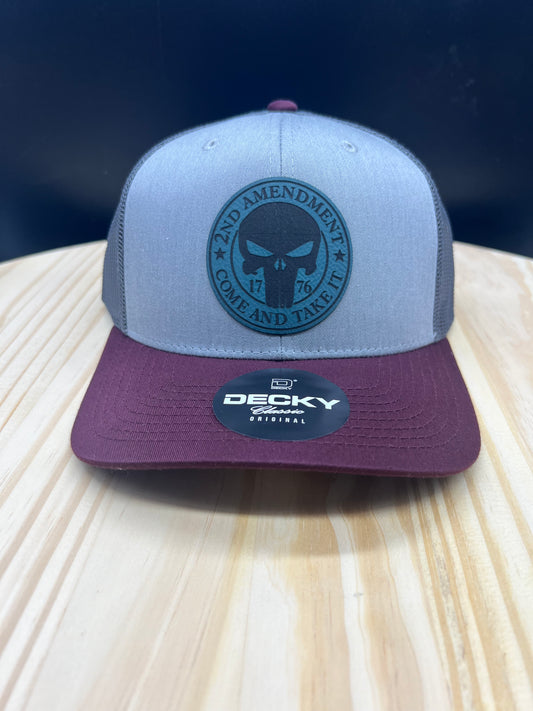 2nd Amendment Skull - Structured Bill Trucker Hat - Maroon/Gray/Charcoal