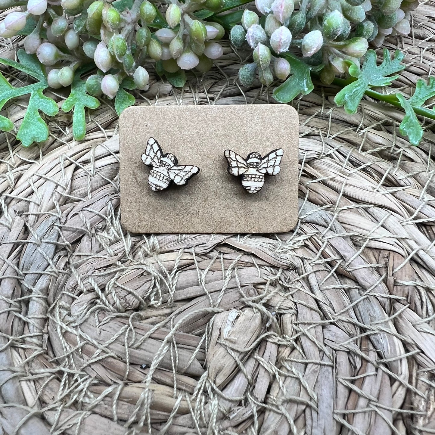 Bee Stud Earrings - Wood
