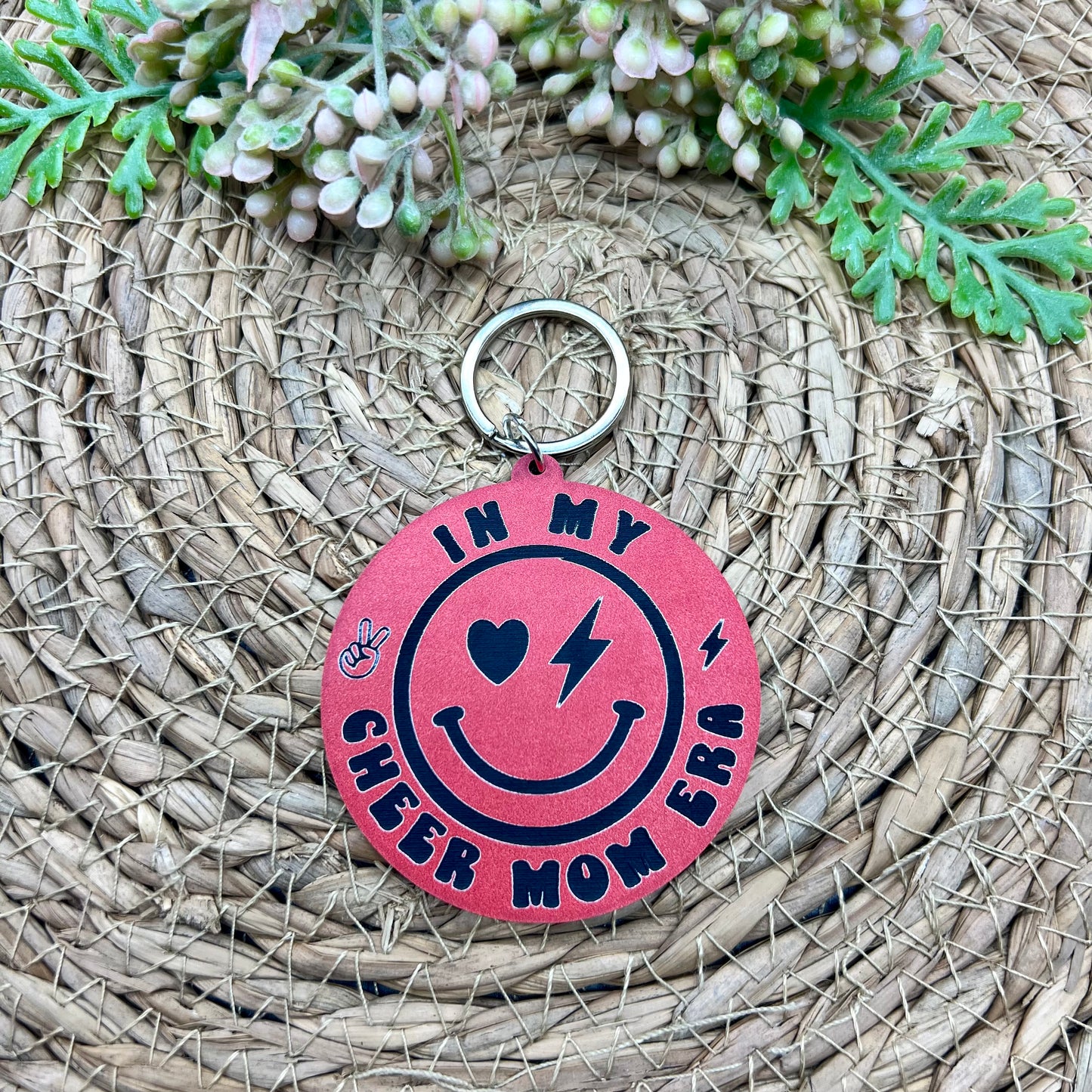 Smiley Cheer Mom Era Acrylic Keychain