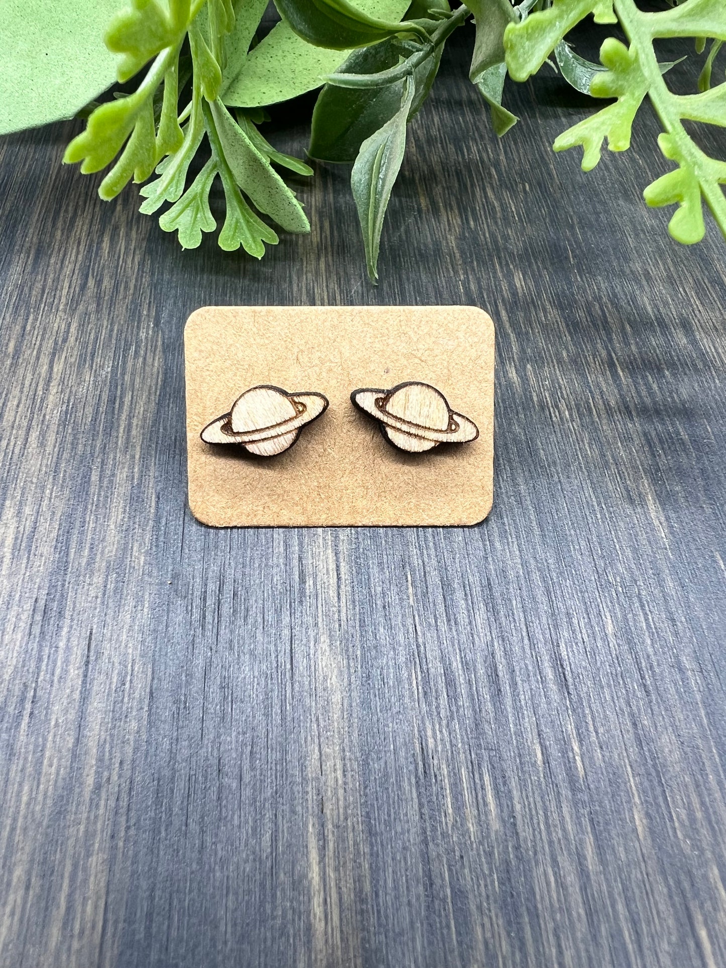 Planets Stud Earrings- Natural Wood
