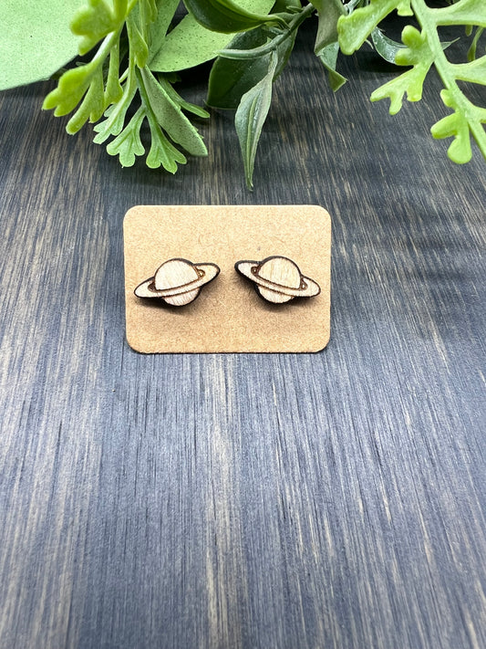 Planets Stud Earrings- Natural Wood