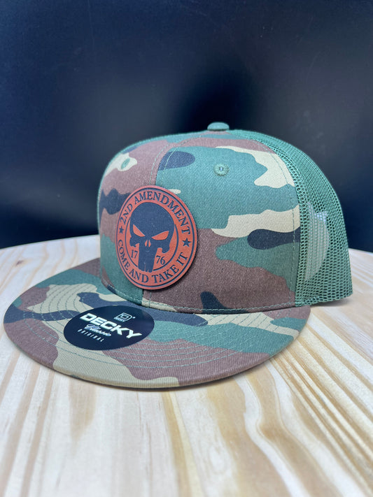 2nd Amendment Skull - Flat Bill Trucker Hat - Camo/Olive