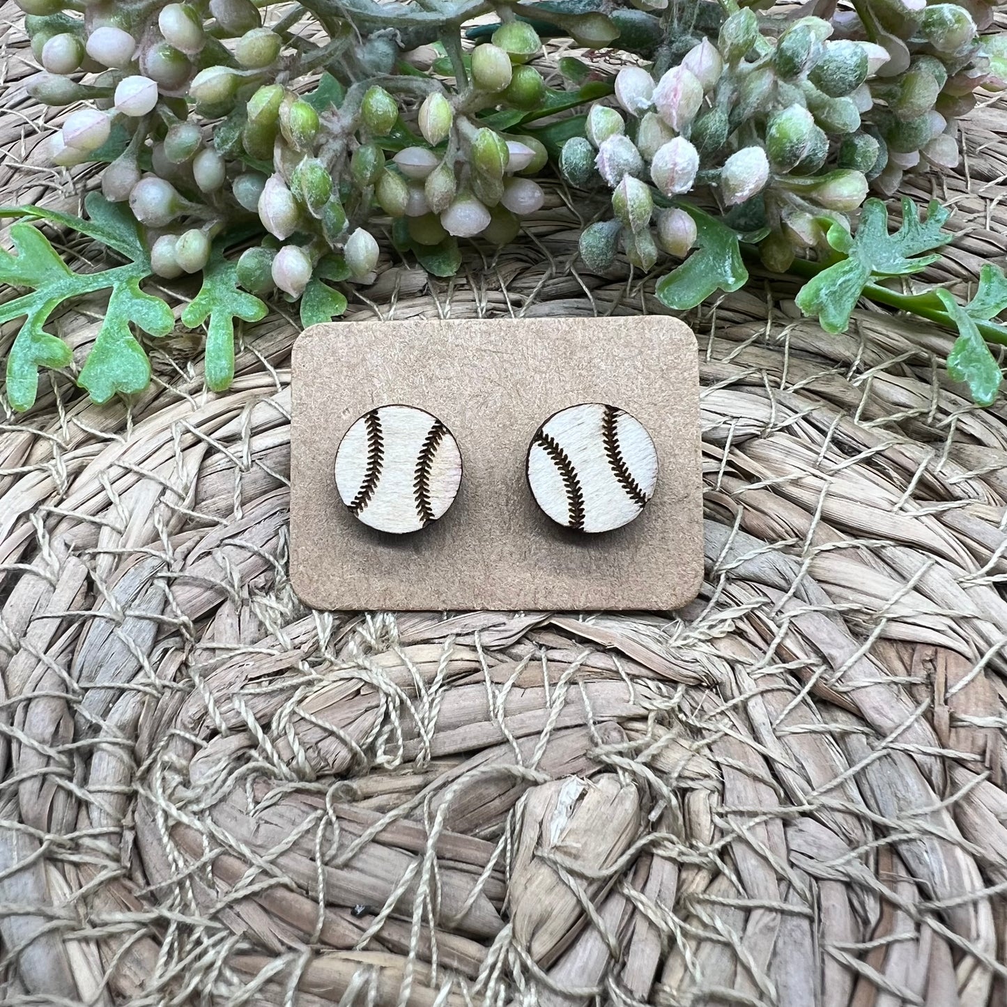 Wood Baseball Stud Earrings
