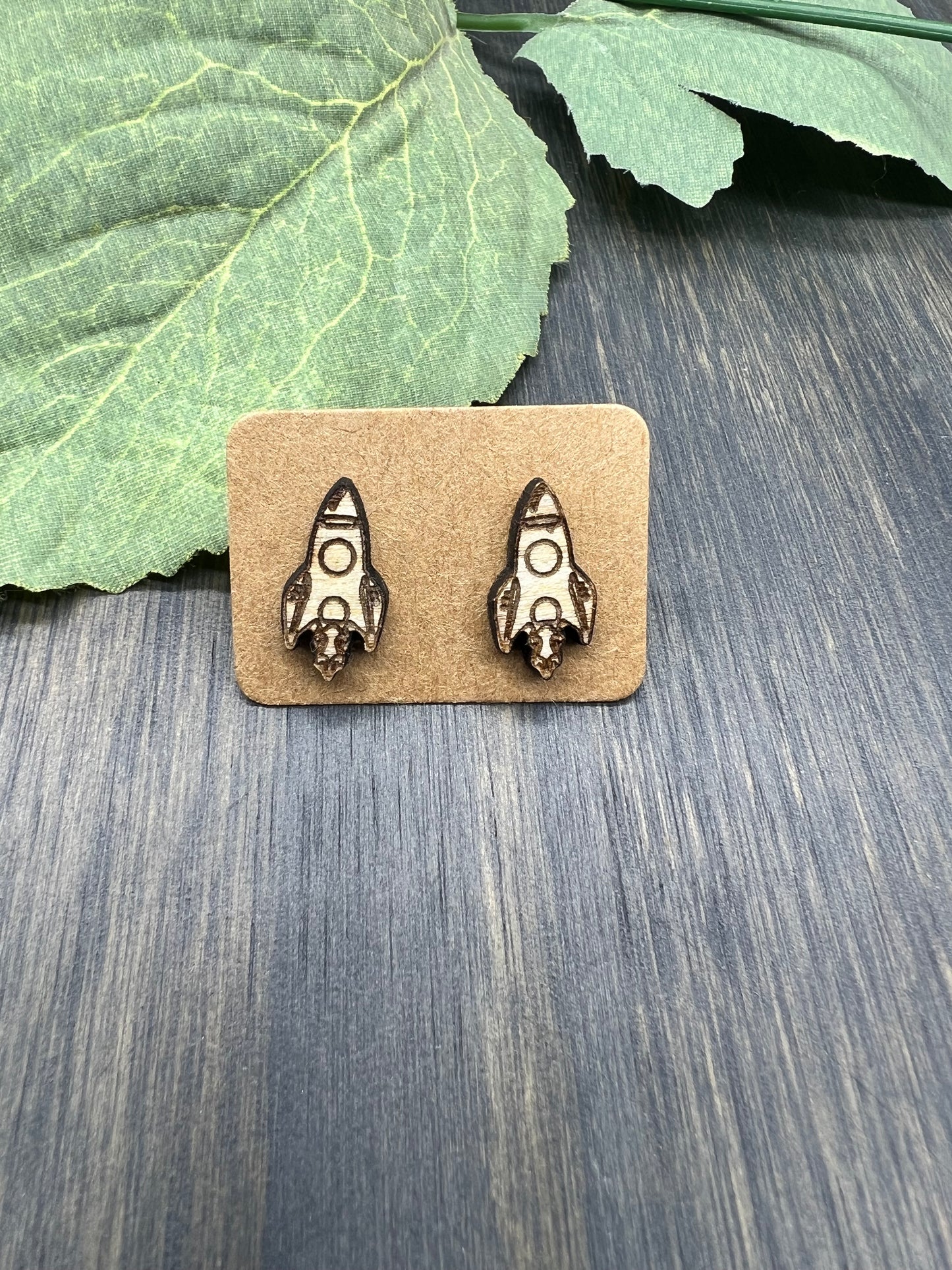 Rocket Ship Stud Earrings - Natural Wood