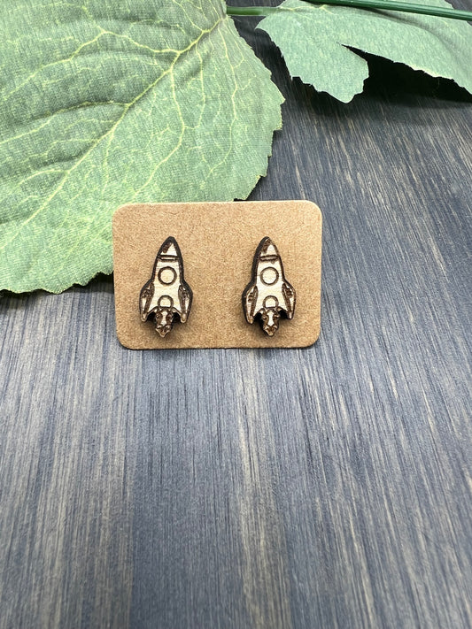 Rocket Ship Stud Earrings - Natural Wood