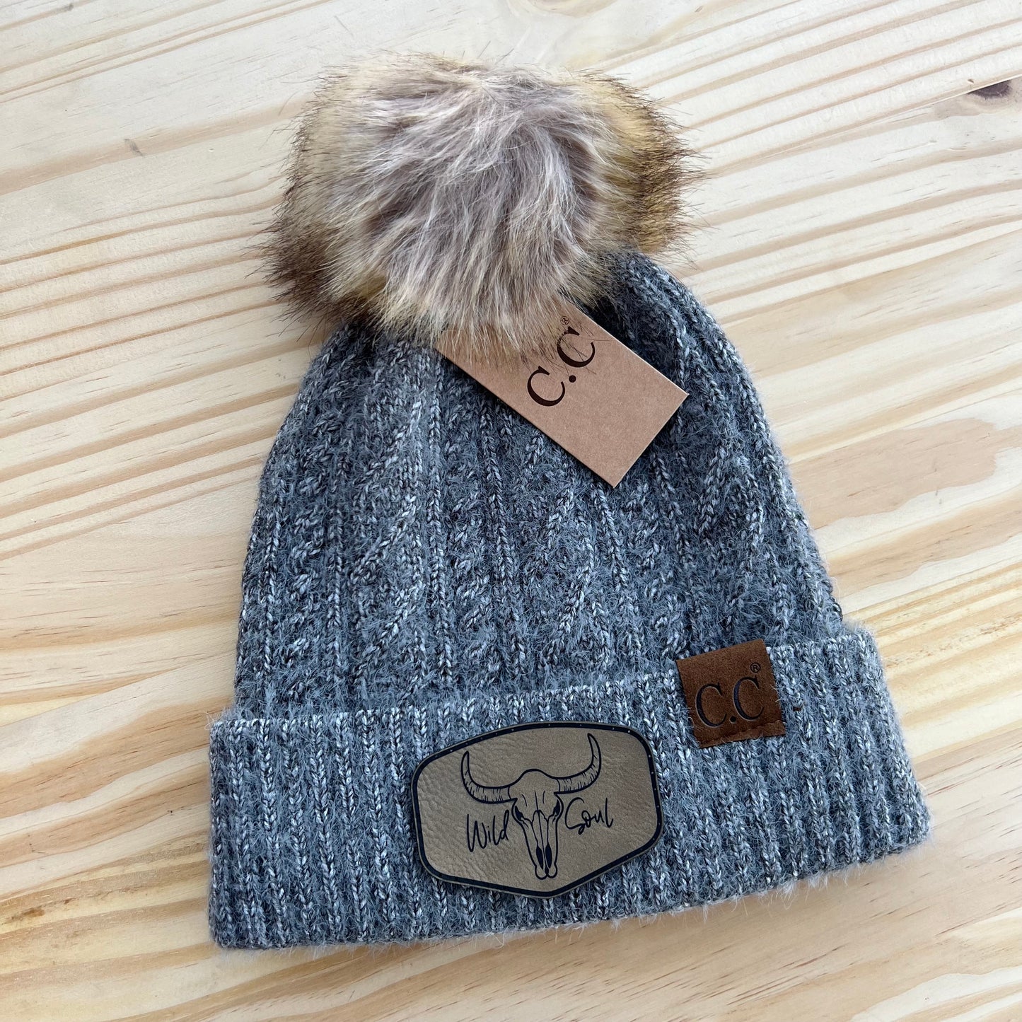 C.C Beanie - Cable Knit - Pick Your Patch - Gray