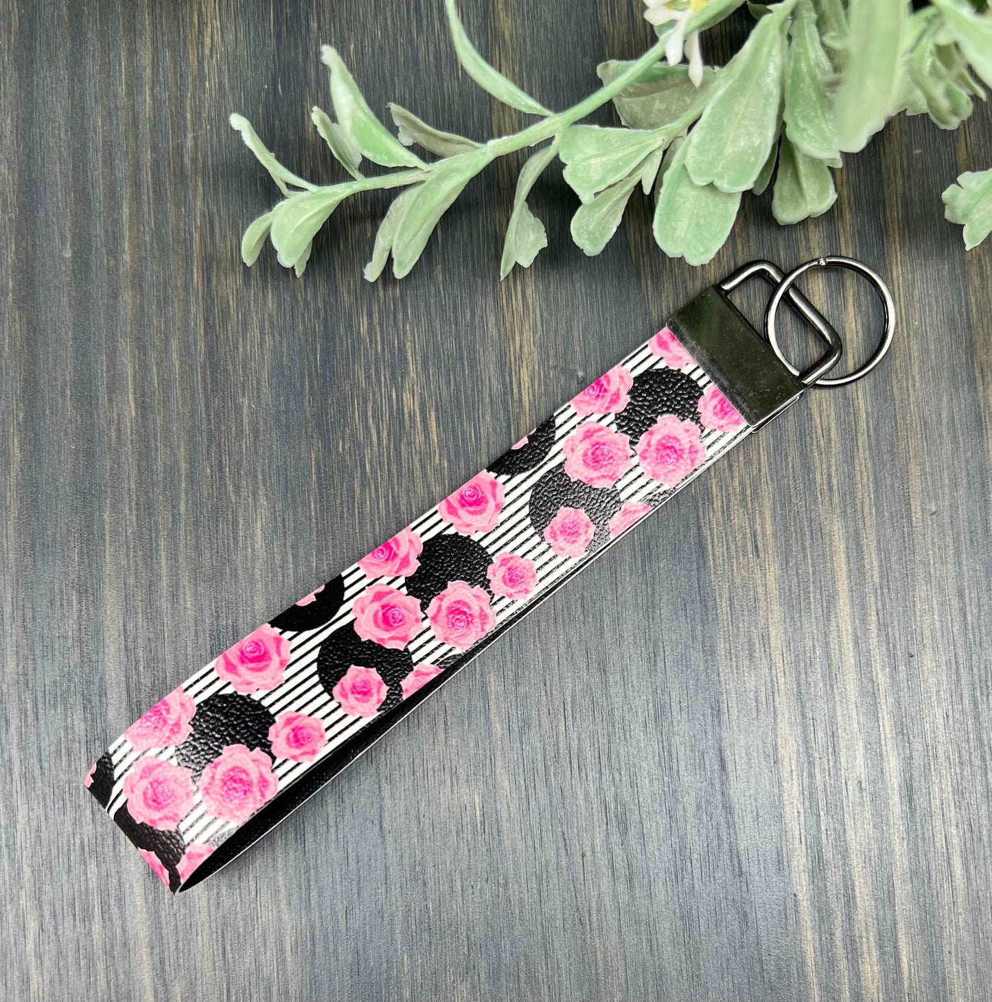 Pink Roses with black/white stripes and black circles key fob