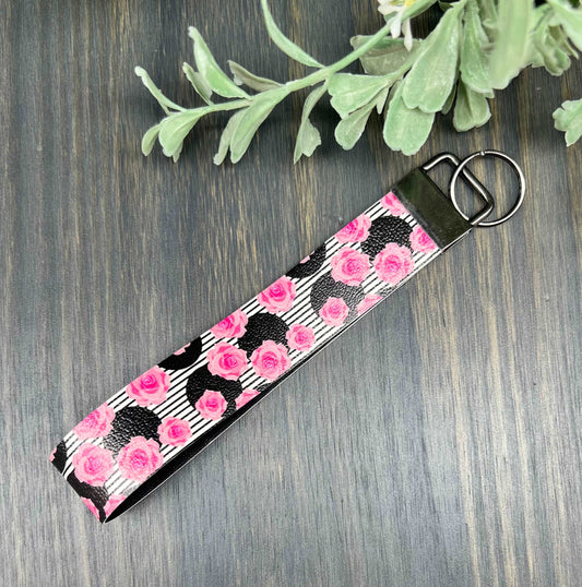 Pink Roses with black/white stripes and black circles key fob