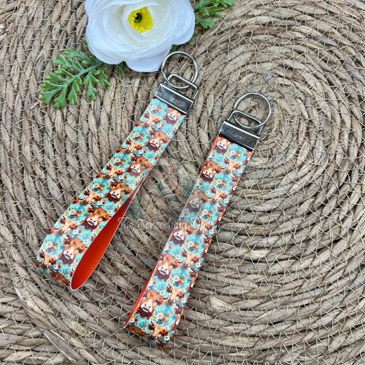Teal Highland Cows Key Fob