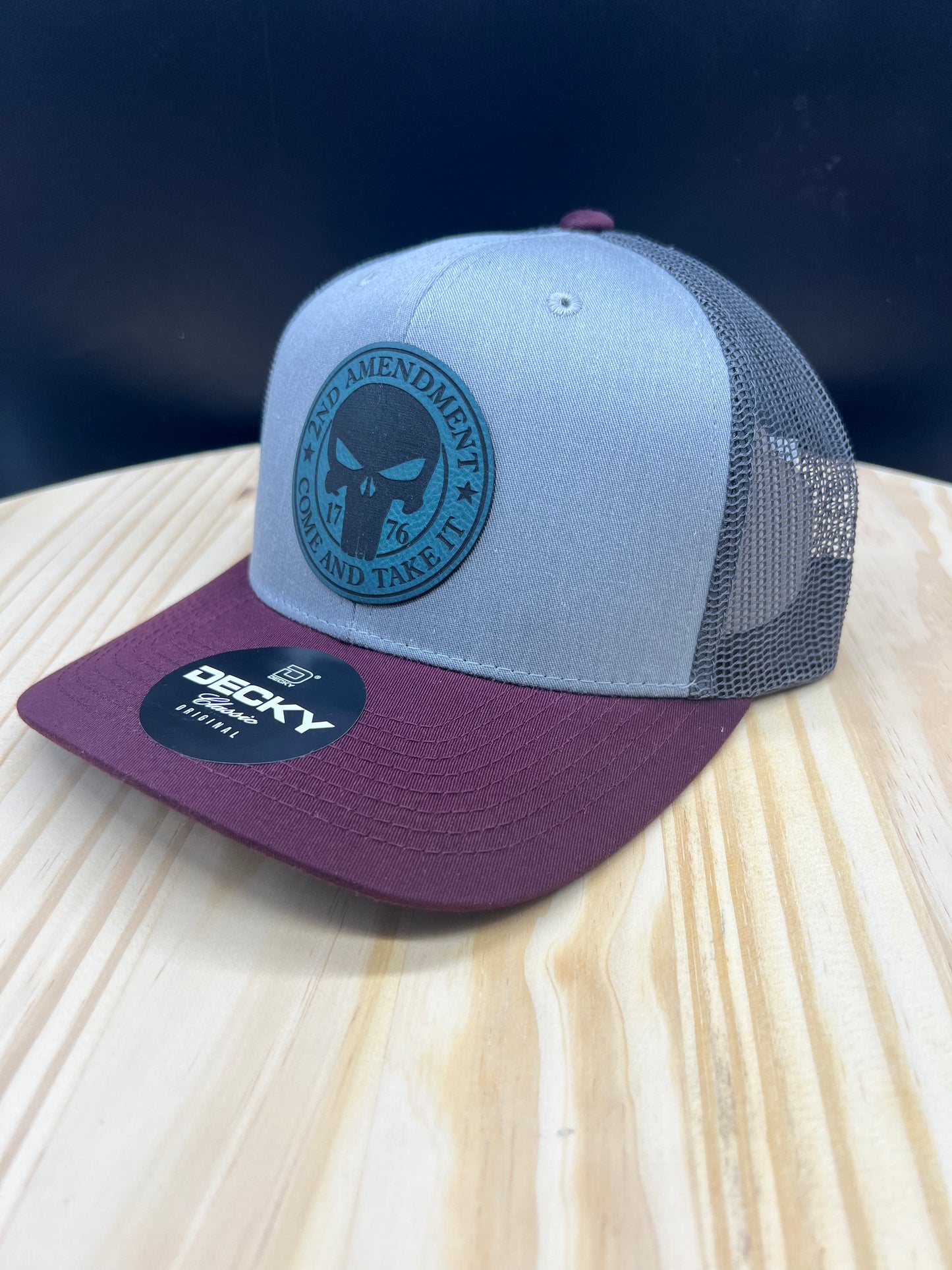 2nd Amendment Skull - Structured Bill Trucker Hat - Maroon/Gray/Charcoal