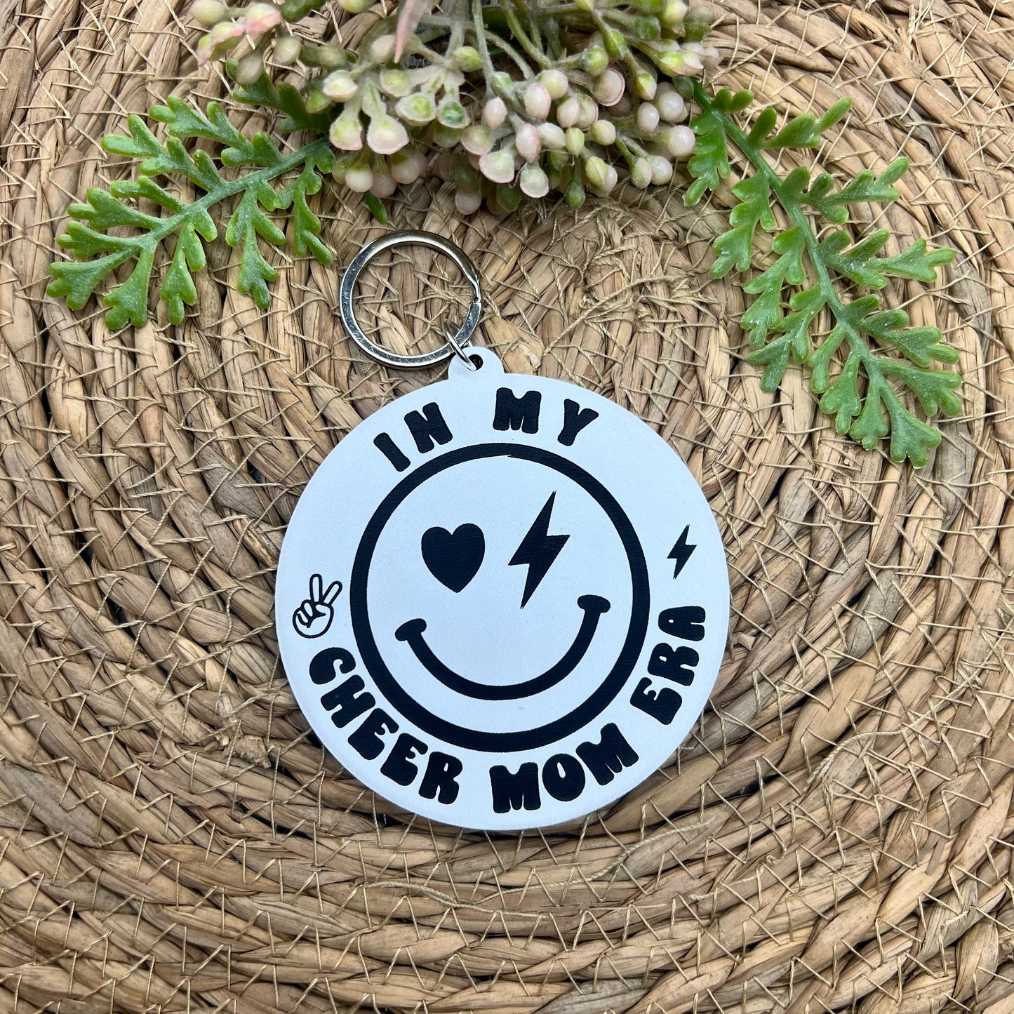 Smiley Cheer Mom Era Backpack Tag