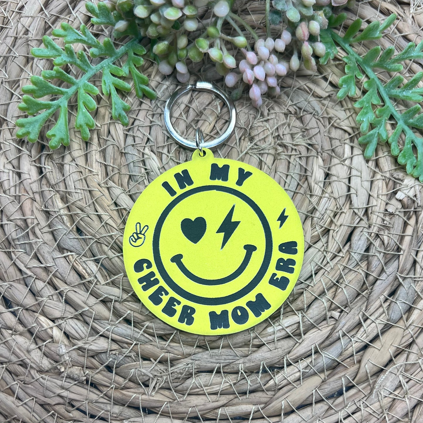 Smiley Cheer Mom Era Acrylic Keychain