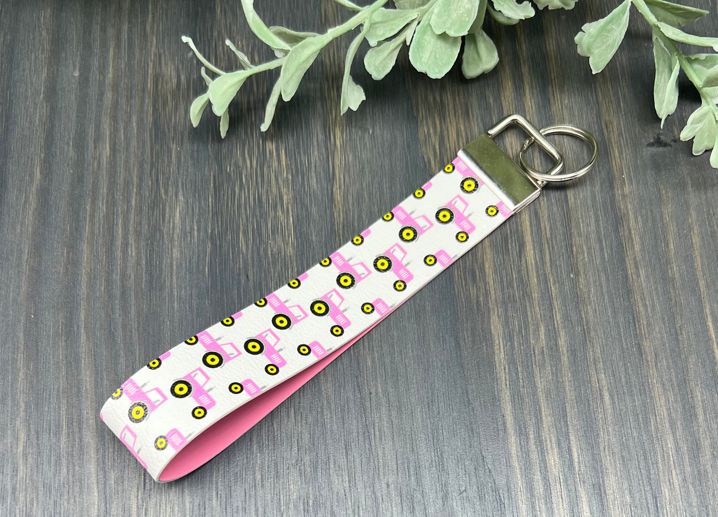 Pink tractors white background key fob