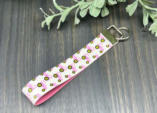 Pink tractors white background key fob