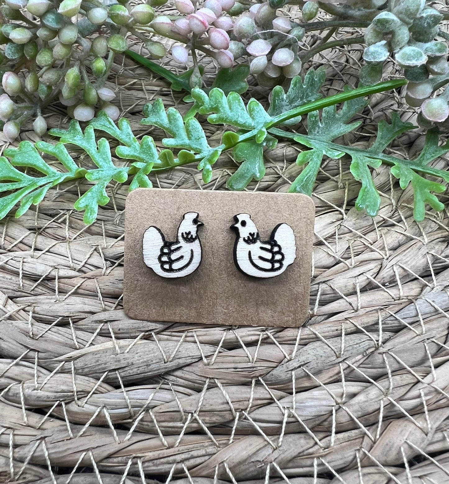 Wood Chicken Stud Earrings