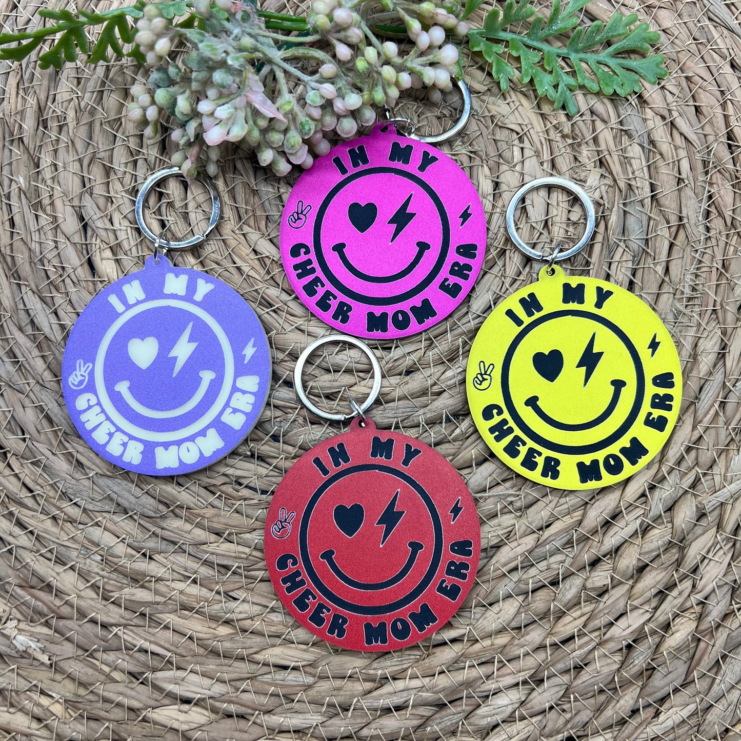 Smiley Cheer Mom Era Acrylic Keychain