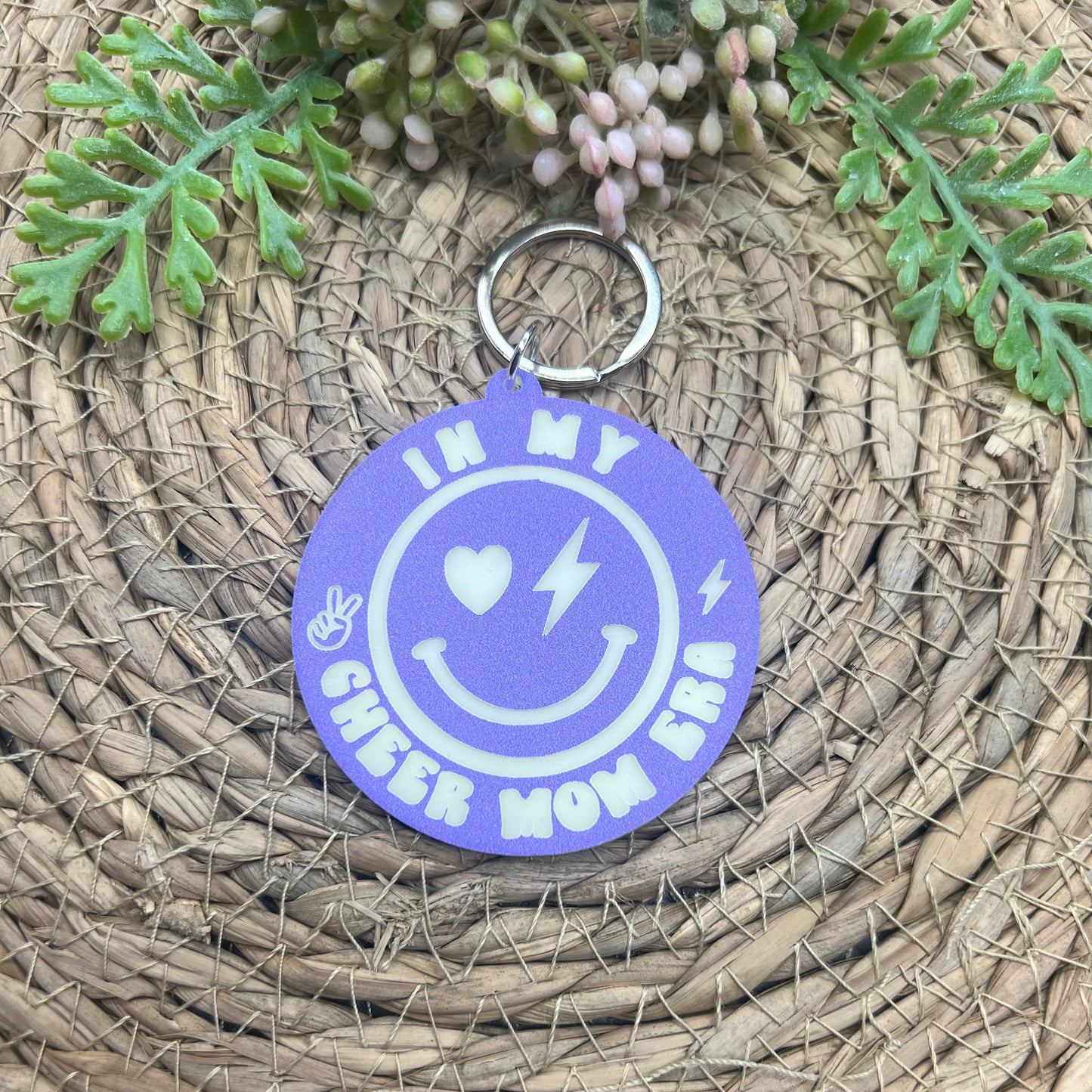 Smiley Cheer Mom Era Acrylic Keychain