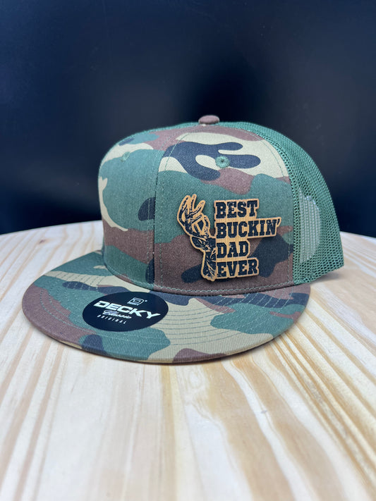 Best Buckin' Dad Ever - Flat Bill Trucker Hat - Camo/Olive