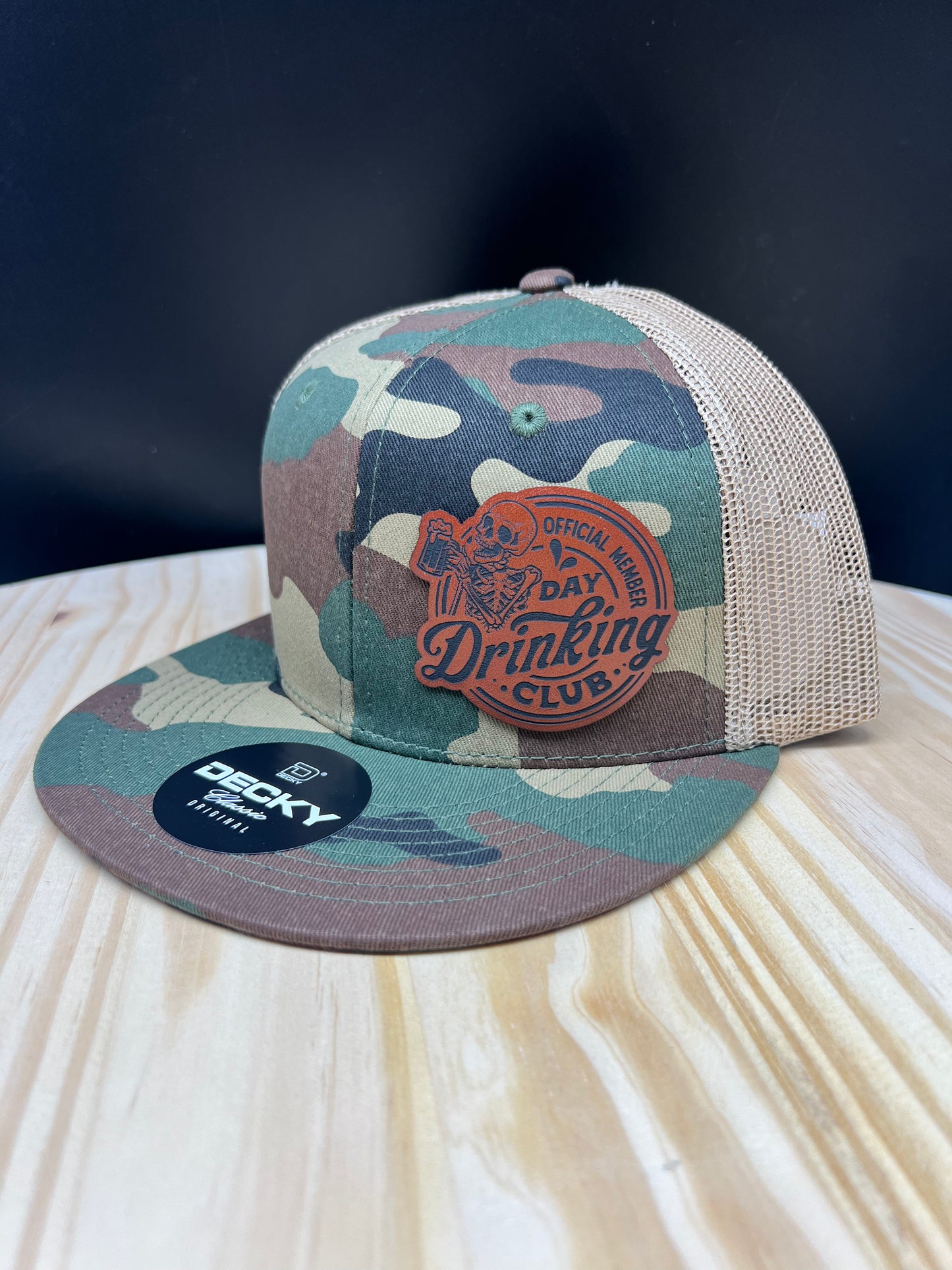 Day Drinking Club - Flat Bill Trucker Hat - Camo/Khaki