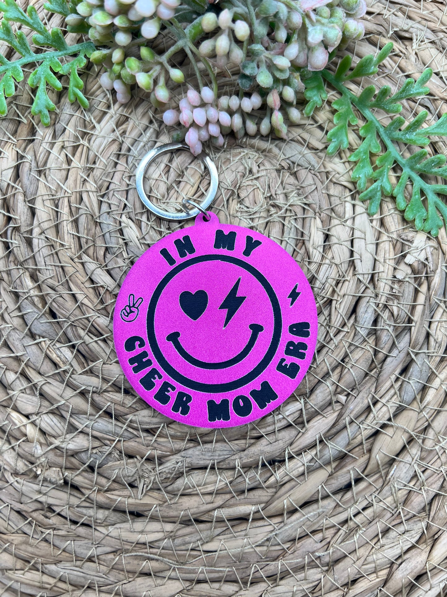 Smiley Cheer Mom Era Acrylic Keychain
