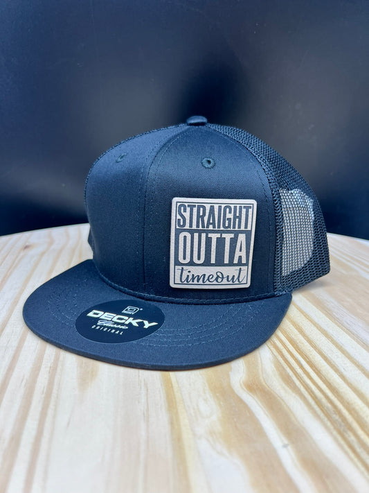 Straight Outta Timeout - YOUTH Flat Bill Trucker Hat - Black