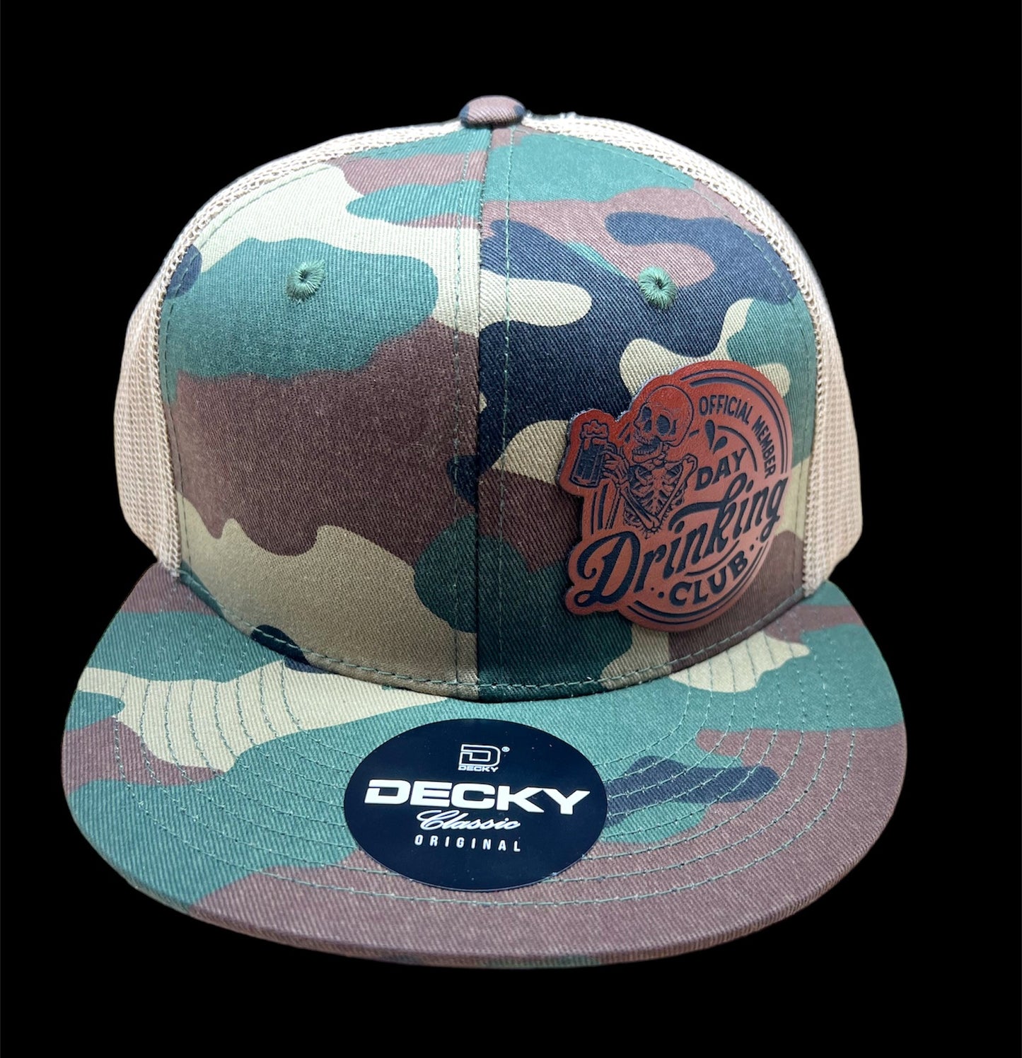 Day Drinking Club - Flat Bill Trucker Hat - Camo/Khaki