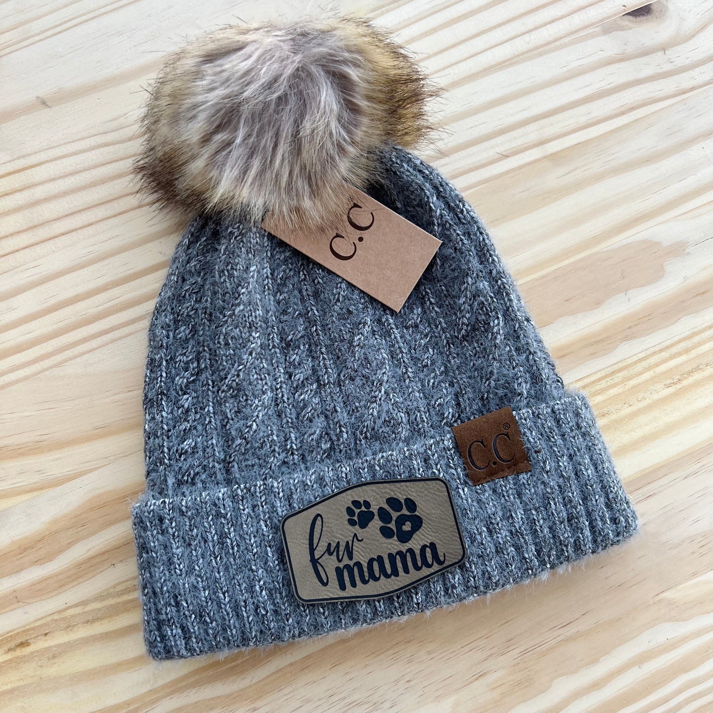 C.C Beanie - Cable Knit - Pick Your Patch - Gray
