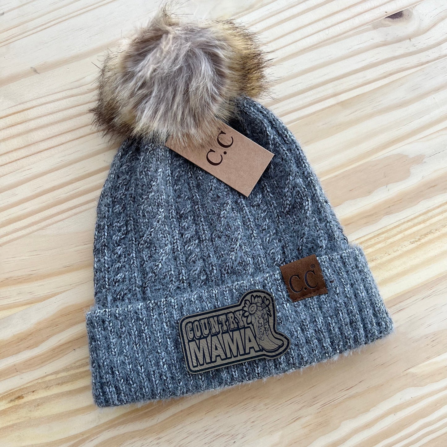 C.C Beanie - Cable Knit - Pick Your Patch - Gray
