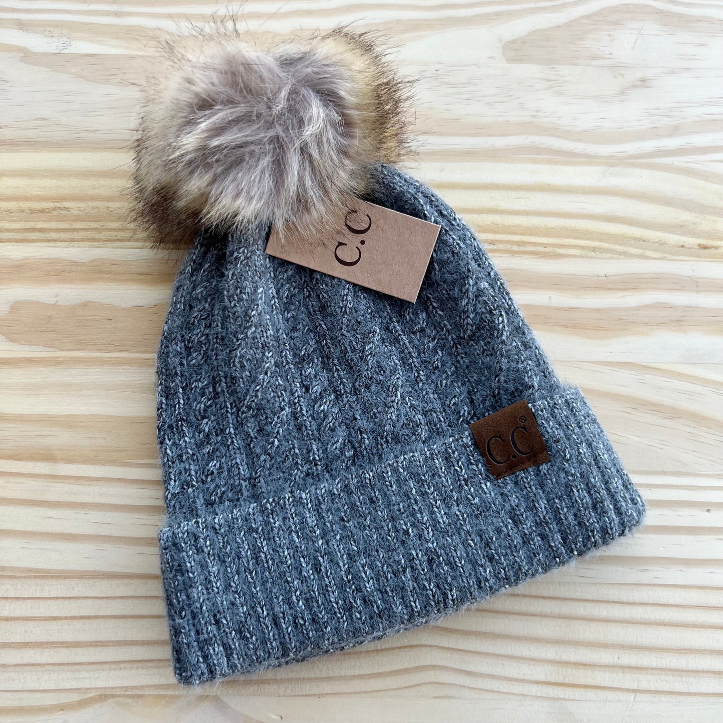 C.C Beanie - Cable Knit - Pick Your Patch - Gray
