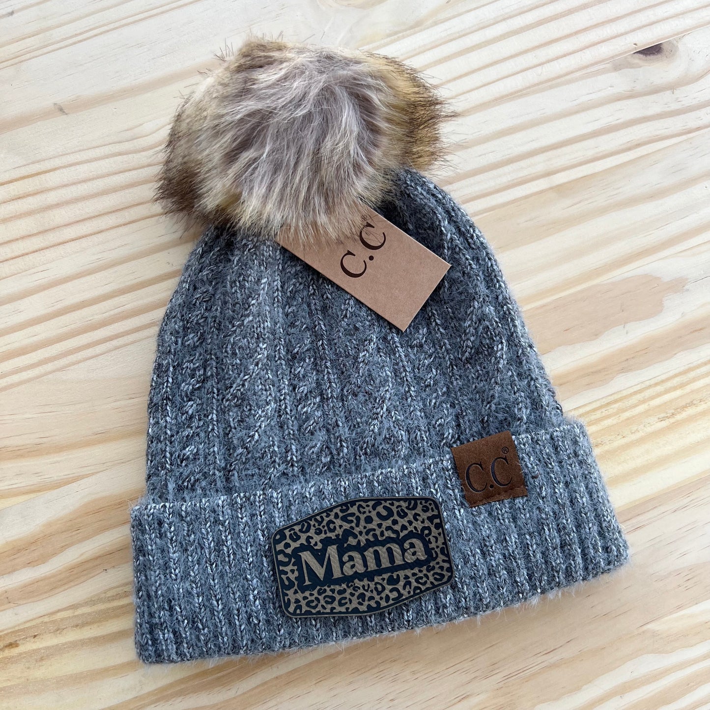 C.C Beanie - Cable Knit - Pick Your Patch - Gray