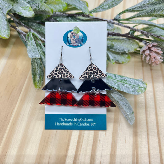 Cheetah & Buffalo Plaid Christmas Tree Earrings