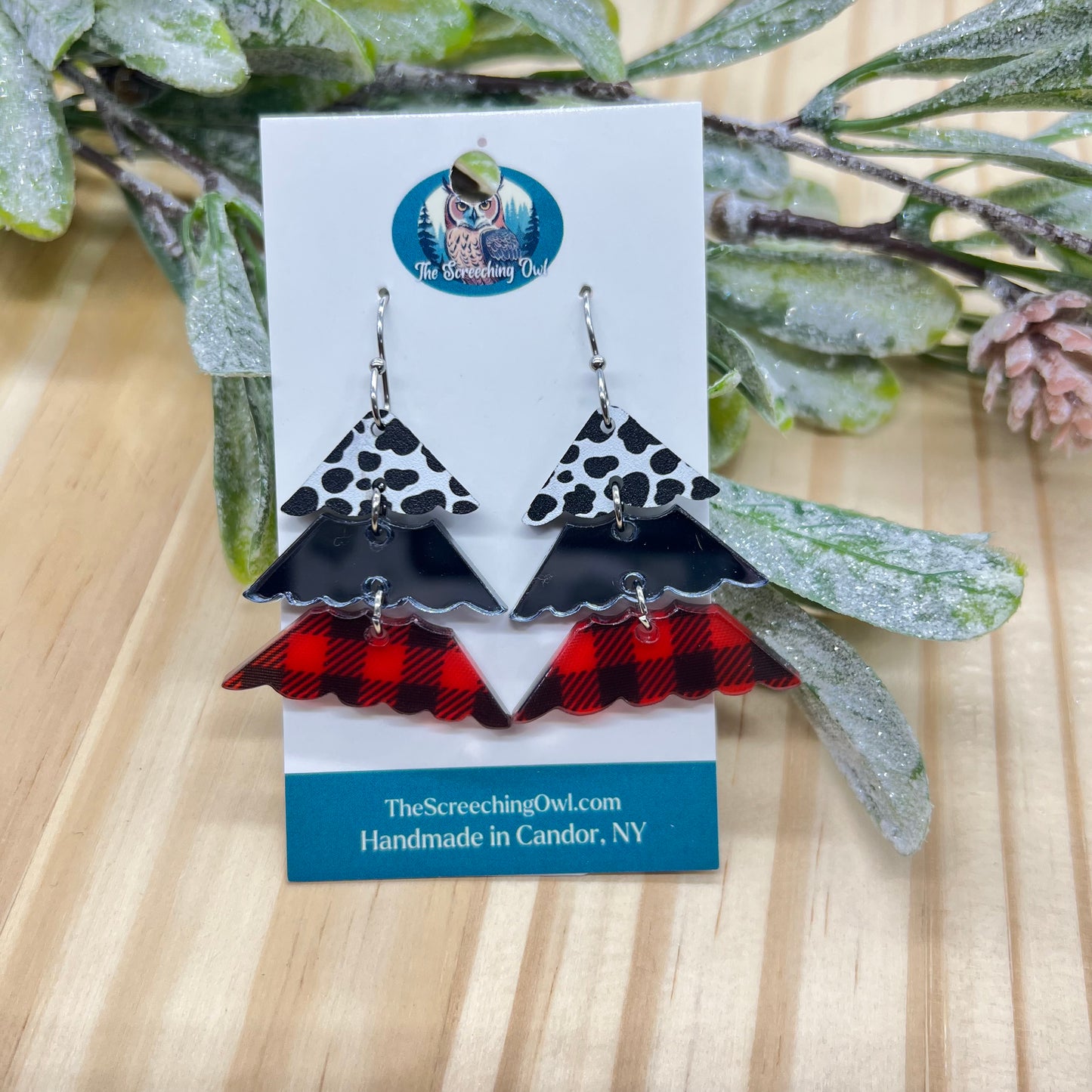 Cow & Buffalo Plaid Christmas Tree Earrings