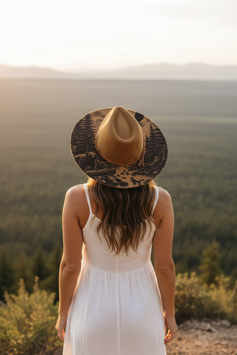 Bear & Eagles Wide Brim Hat - Brown